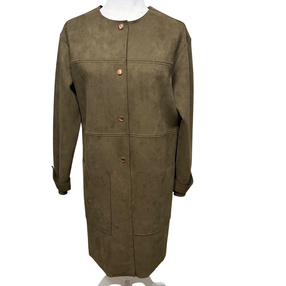 Tahari Olive Green Duster Coat Faux Suede Snap Front Women's‎ Size S/P